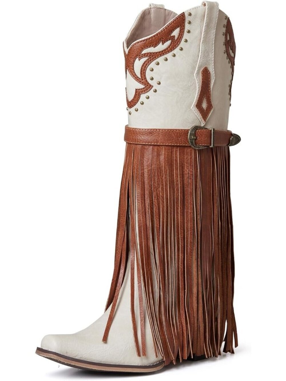 Women's Western Booties Pointed Toe Chunky Heel Beige Brown Embroidered Pull-On